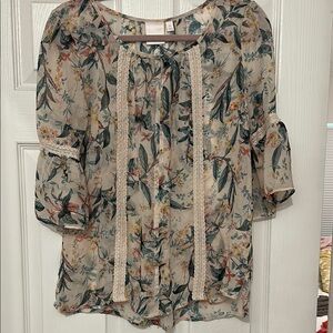 LC Lauren Conrad Floral Blouse with Lace Accents